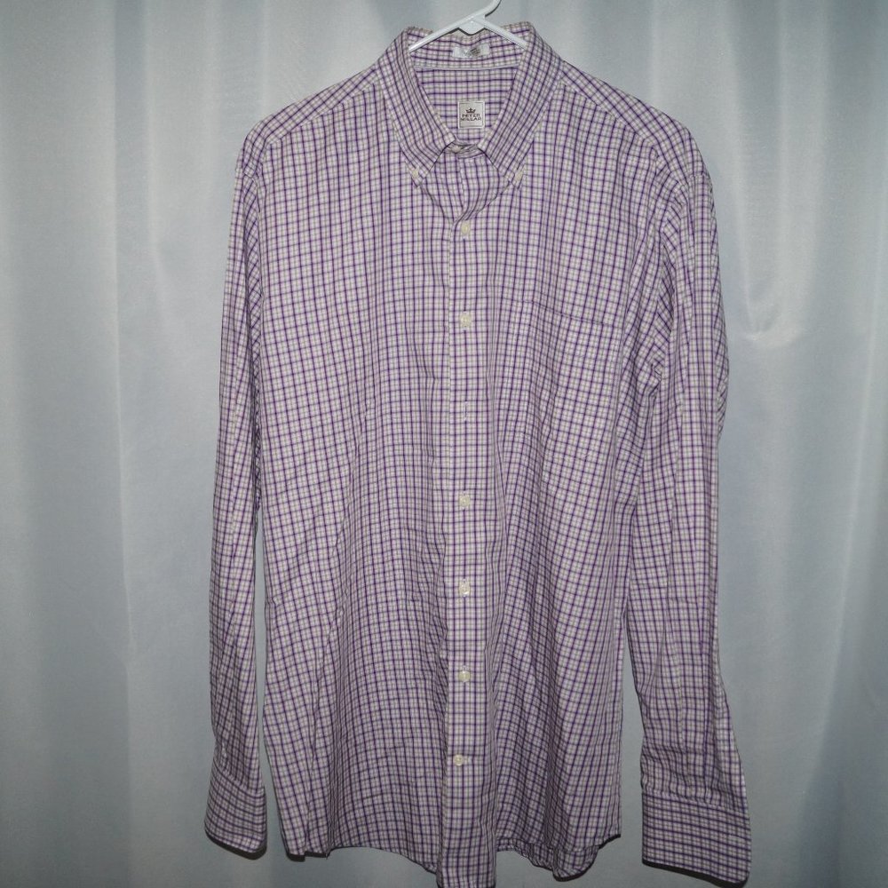 Peter Millar Checked Golf Dress Shirt Casual Men's Large Purple White Cotton EUC - Picture 5 of 7
